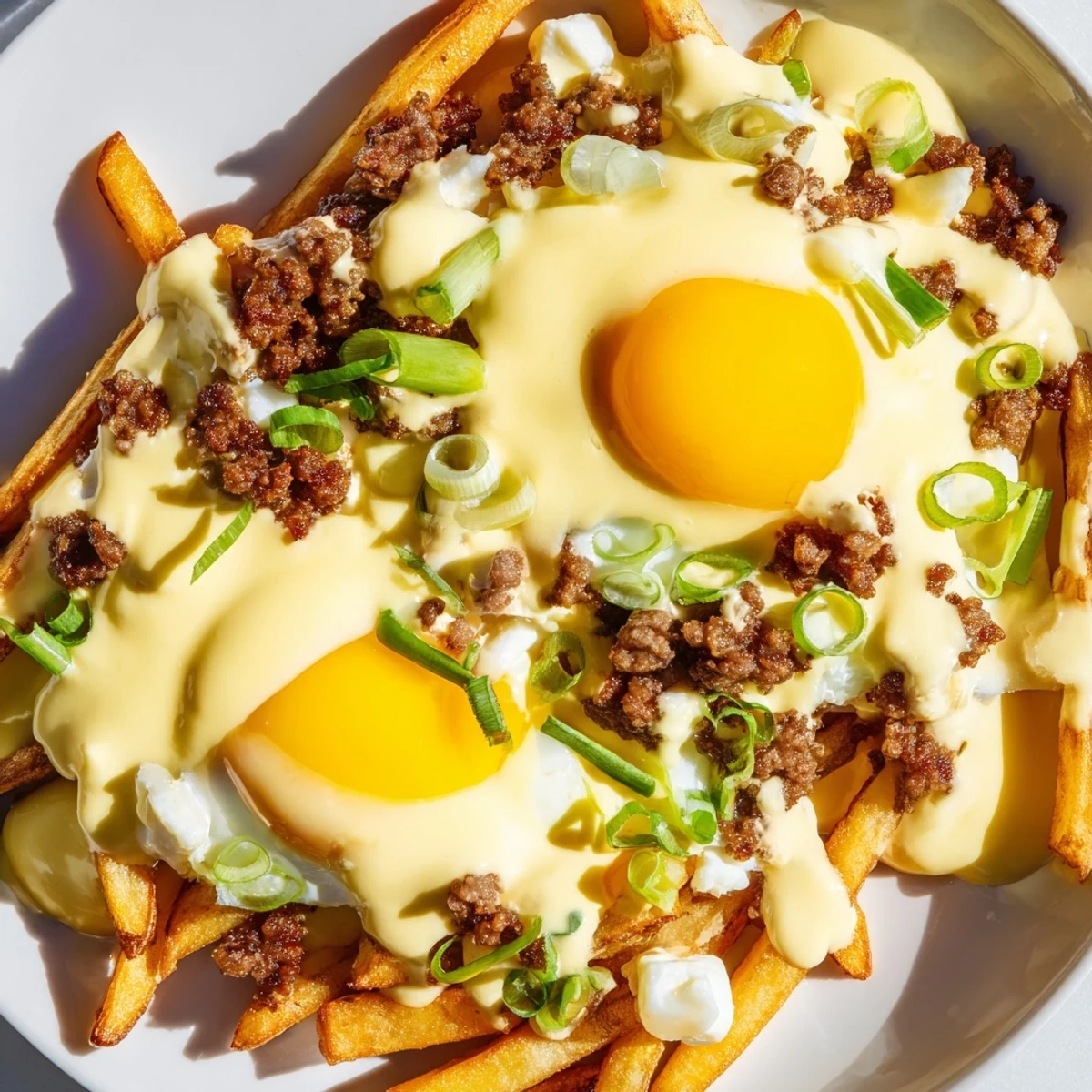 A close-up view of the Ultimate Breakfast Poutine with Creamy Hollandaise Sauce, featuring melted cheese curds and a poached egg ready for a delicious brunch.