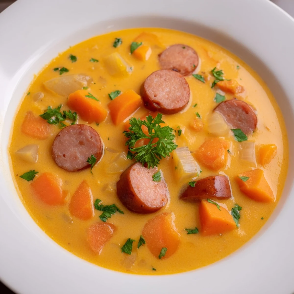 Creamy Sweet Potato and Sausage Soup ladled from a pot, showcasing velvety texture and browned sausage.
