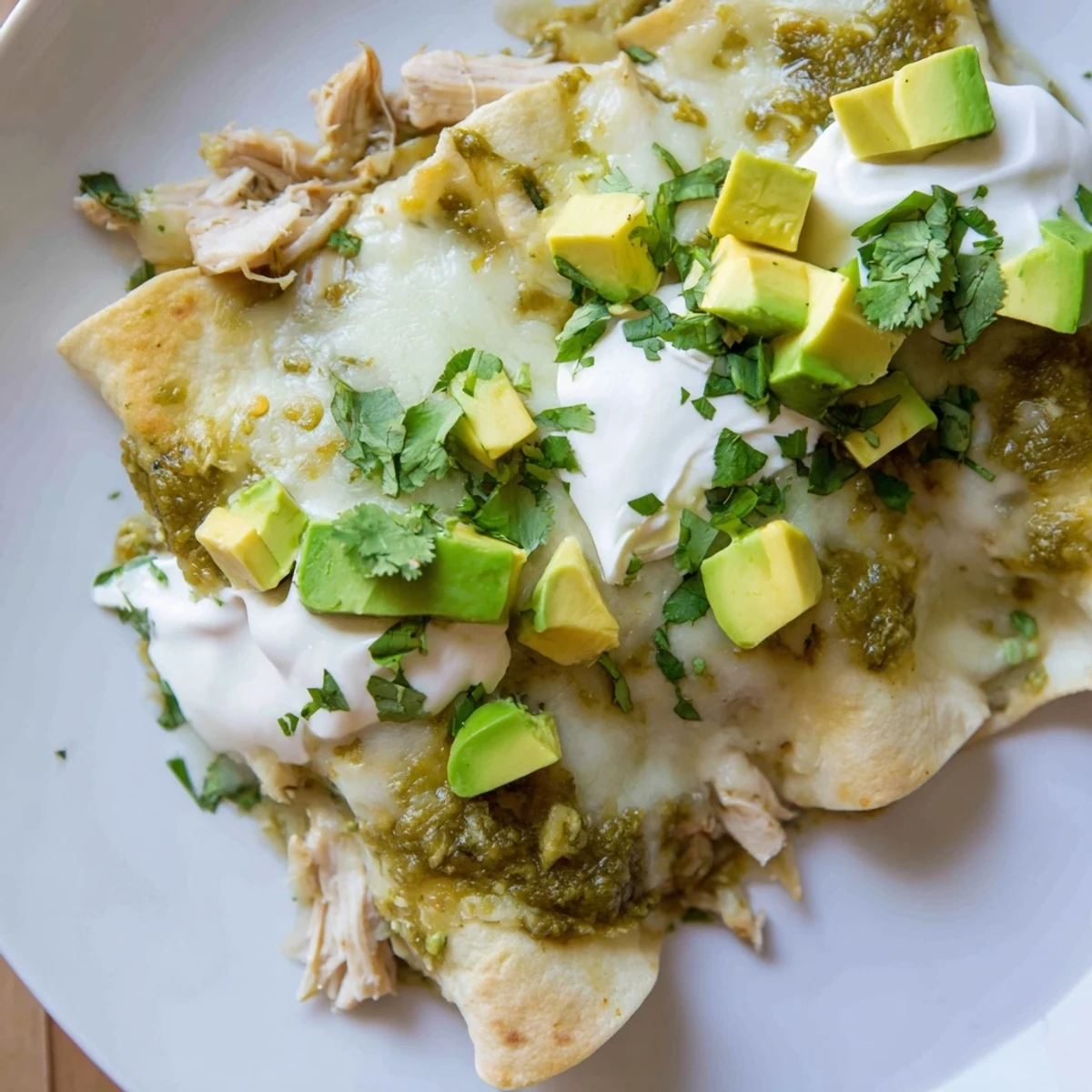 Steaming green enchiladas with chicken baked in a 9x13-inch dish with melted cheese.