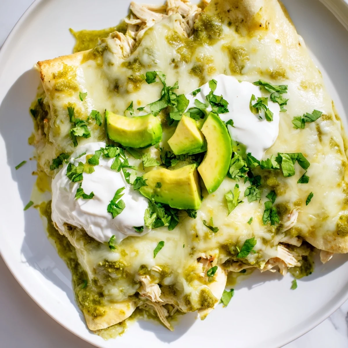 Tender shredded chicken inside warm corn tortillas topped with tangy green enchilada sauce.