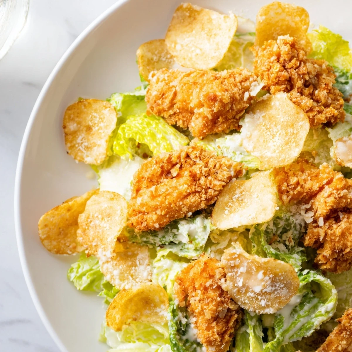 A close-up of Crispy Chicken Caesar Salad Chips on a rustic wooden board, with golden baked potato chips topped with crunchy romaine and parmesan shavings.
