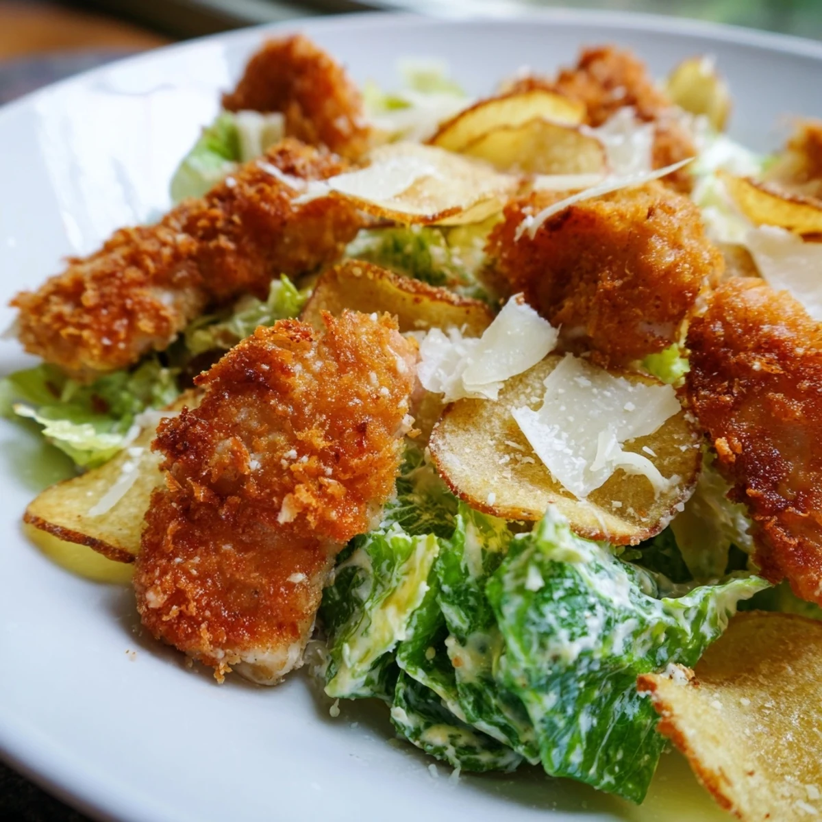 A delicious overhead view of Crispy Chicken Caesar Salad Chips arranged artfully, highlighting the crispy texture of the chips and chicken against fresh green lettuce.