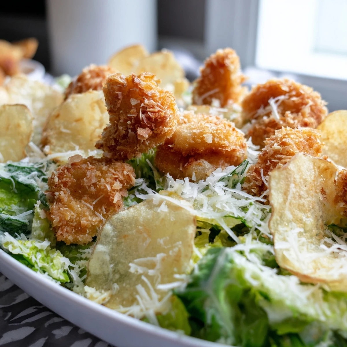 A vibrant serving platter of Crispy Chicken Caesar Salad Chips, featuring bite-sized baked potato chips loaded with dressed lettuce and golden fried chicken strips.