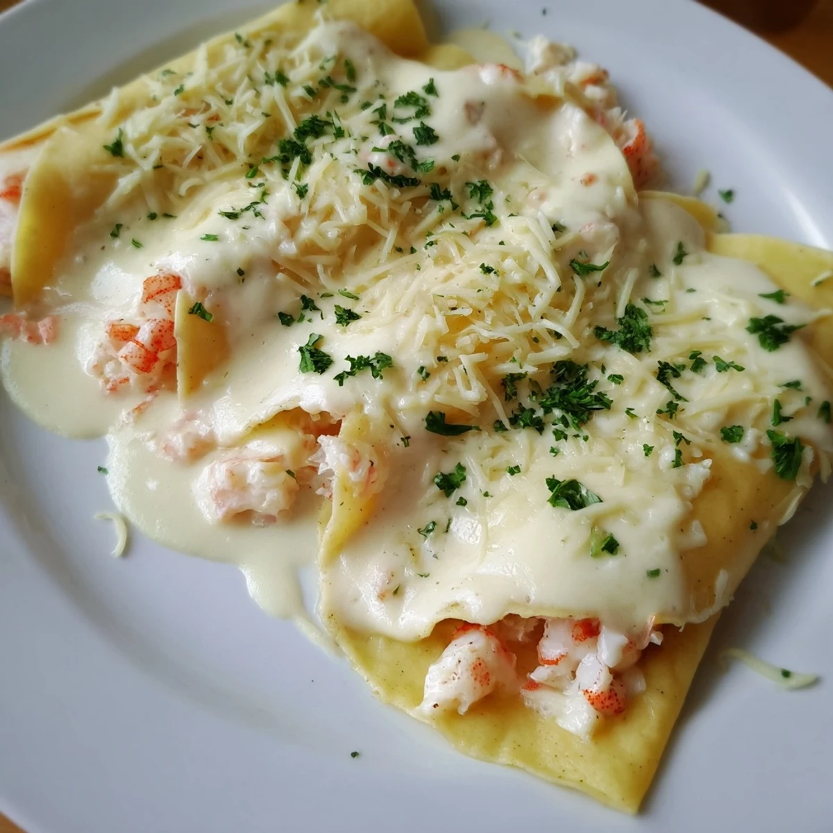 Golden-baked Gourmet Seafood Crêpes with Homemade Béchamel Sauce bubbling with rich shrimp and crab filling.