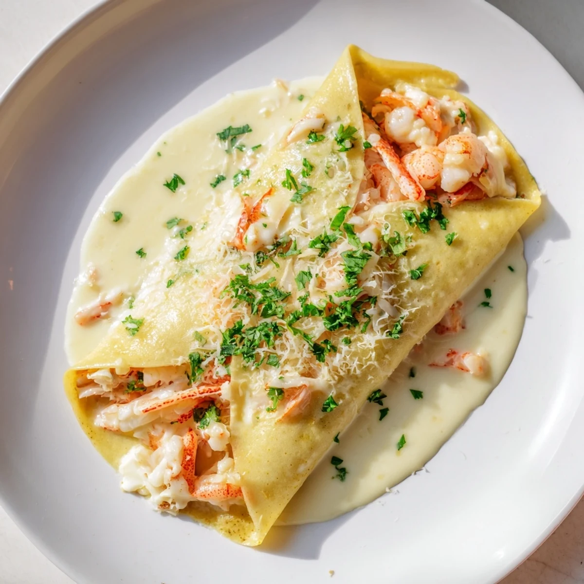 A close-up of Gourmet Seafood Crêpes with Homemade Béchamel Sauce served on an elegant plate.