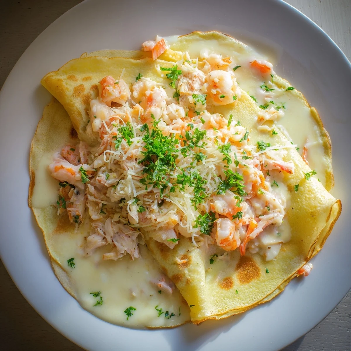 Overhead view of Gourmet Seafood Crêpes with Homemade Béchamel Sauce garnished with fresh parsley and chives.