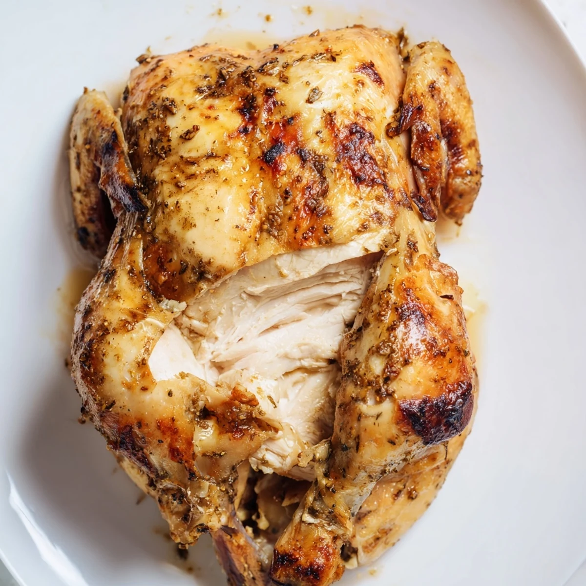 Roasted Zaatar Chicken features aromatic Middle Eastern spices on a whole bird, glistening with olive oil and lemon in a rustic dish.