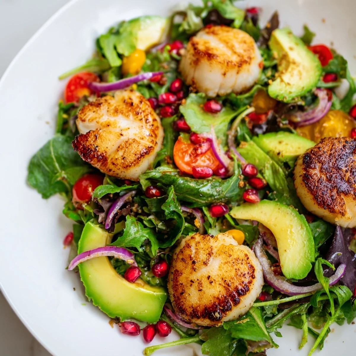 Succulent pan seared scallops atop a vibrant salad with crisp greens and a tangy citrus vinaigrette for a romantic dinner.