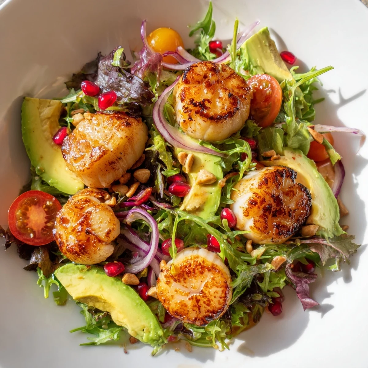 Delicate golden sear on fresh sea scallops contrasts with creamy avocado and sweet pomegranate arils in this elegant salad.