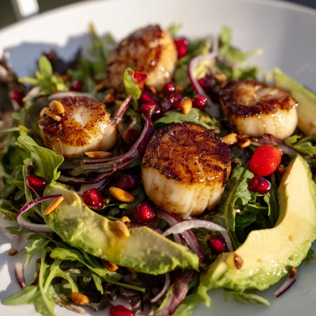 Perfectly cooked scallops resting on a bed of arugula, cherry tomatoes, and toasted pine nuts, ready for a date night.