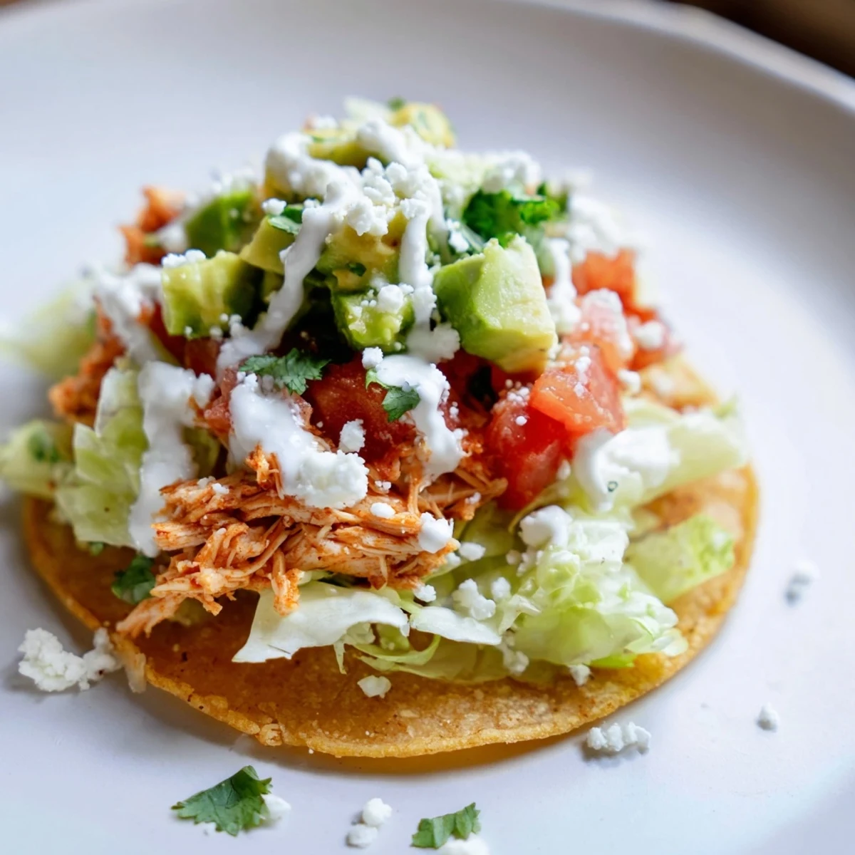 Golden, crispy mini chicken tostadas topped with fresh pico de gallo, diced avocado, and creamy sour cream on a platter.
