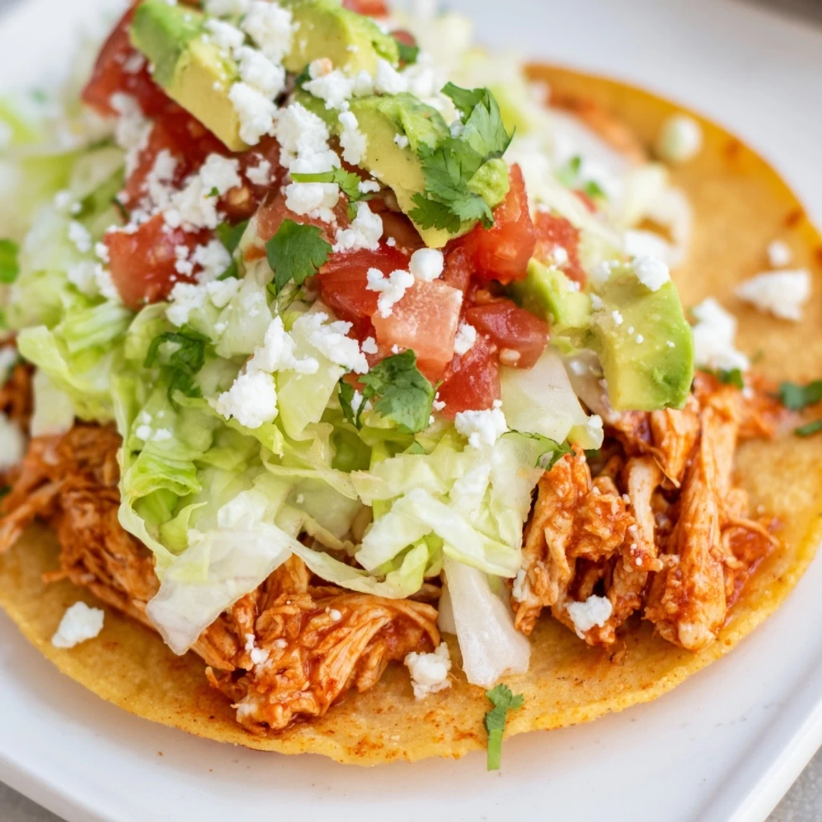 A close-up view of mini chicken tostadas featuring seasoned shredded chicken, melted cheese, and vibrant cilantro garnish.