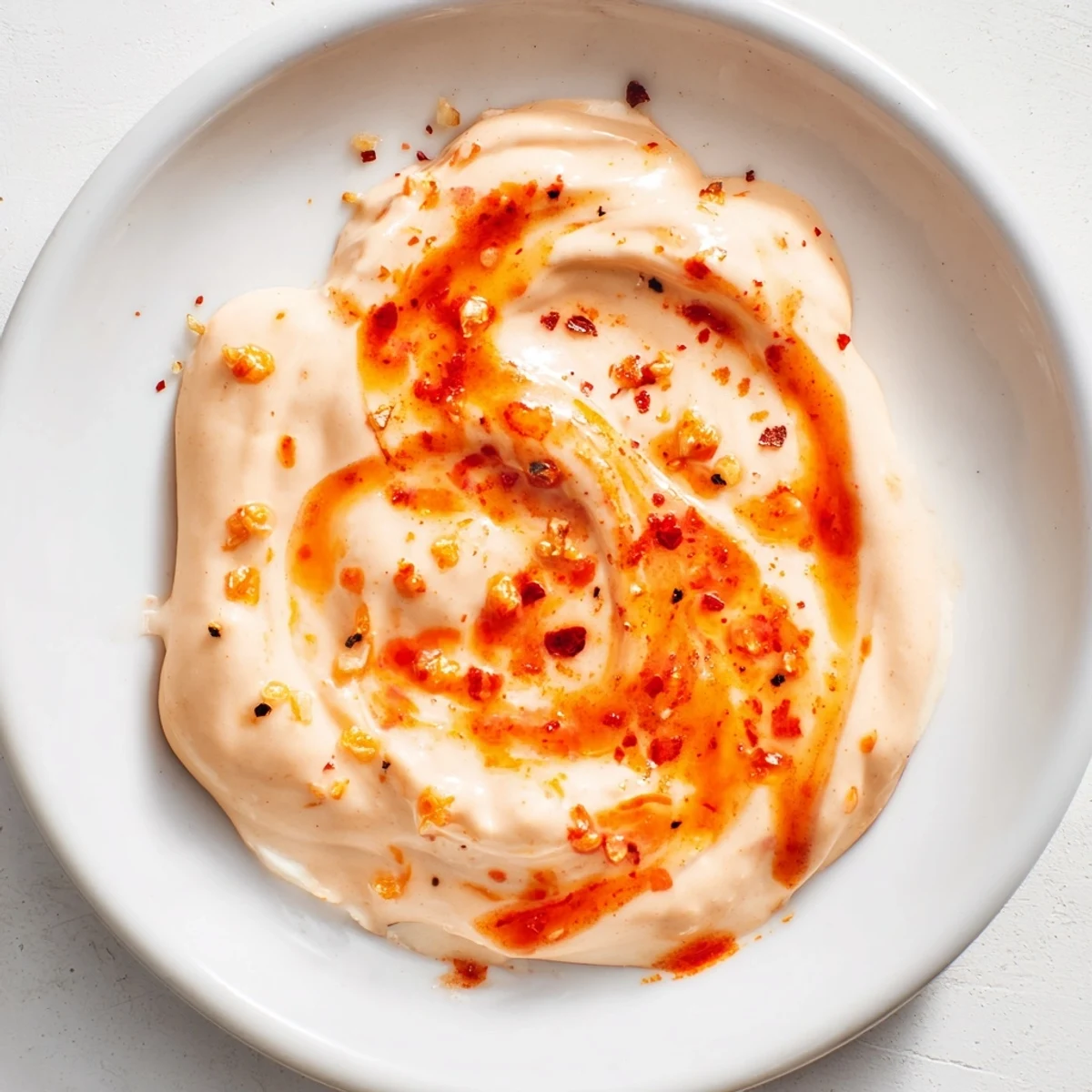 A close-up of Spicy Aioli in a small bowl with visible minced garlic and paprika, ready for dipping fries.
