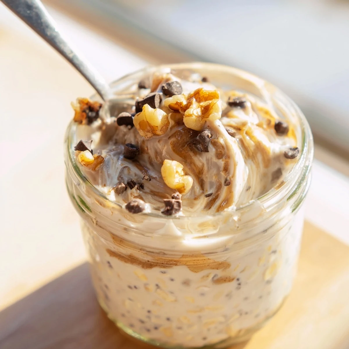 Creamy Cookie Dough Overnight Oats in a glass jar topped with chocolate chips and a nut butter drizzle.