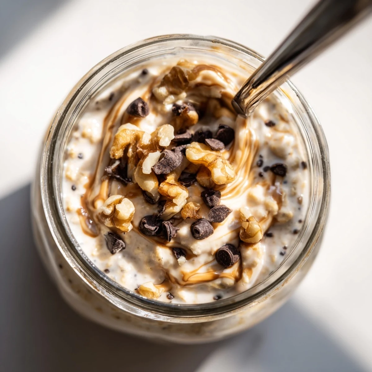 Healthy Cookie Dough Overnight Oats with oats, chia seeds, and walnuts, ready to serve chilled for breakfast.