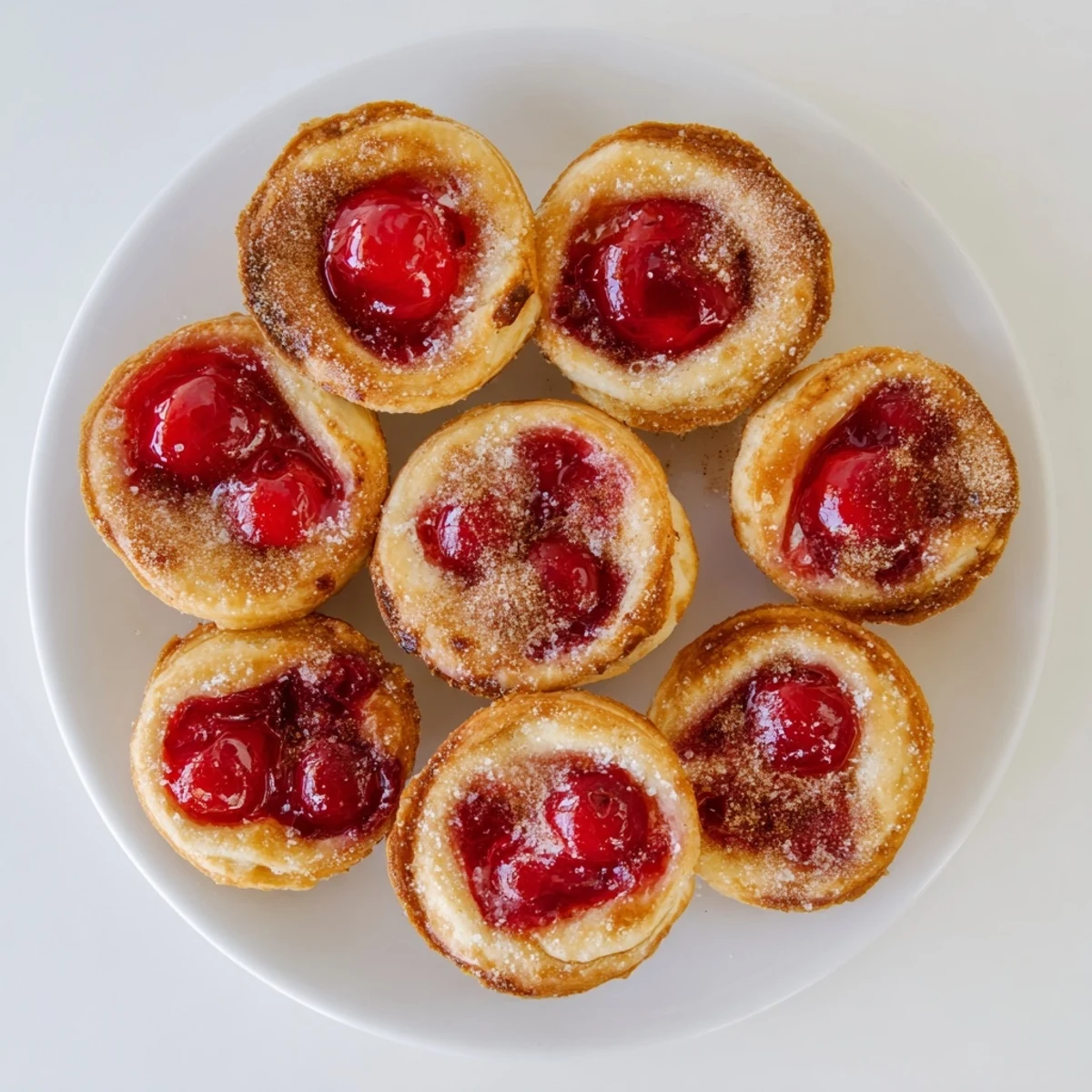 Golden-brown Quick Cherry Pie Bites with bubbly red filling sit in a mini muffin tin, cinnamon sugar topping sparkling on the flaky pastry edges.