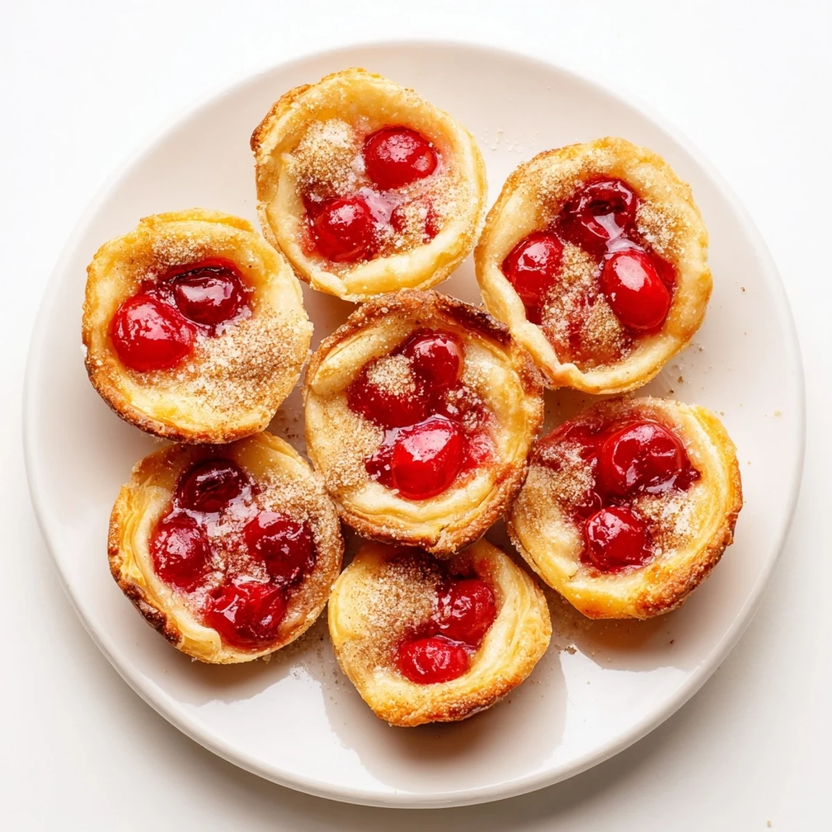 A close-up shot of Quick Cherry Pie Bites, revealing a steaming, juicy cherry filling inside a crisp, golden-brown pastry cup on a marble countertop.
