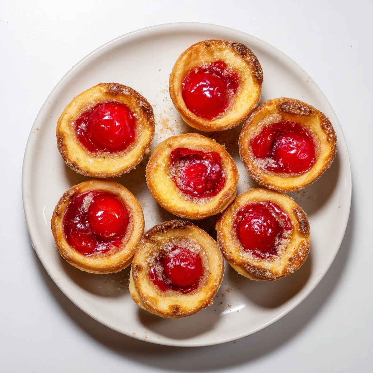 Quick Cherry Pie Bites on a white plate with a dollop of whipped cream, showcasing their buttery crust and sweet cherry center in a rustic kitchen setting.