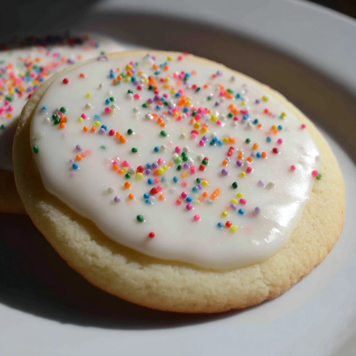 Sugar Cookie Icing drizzled over freshly baked cookies, with sprinkles scattered on top for a festive look.