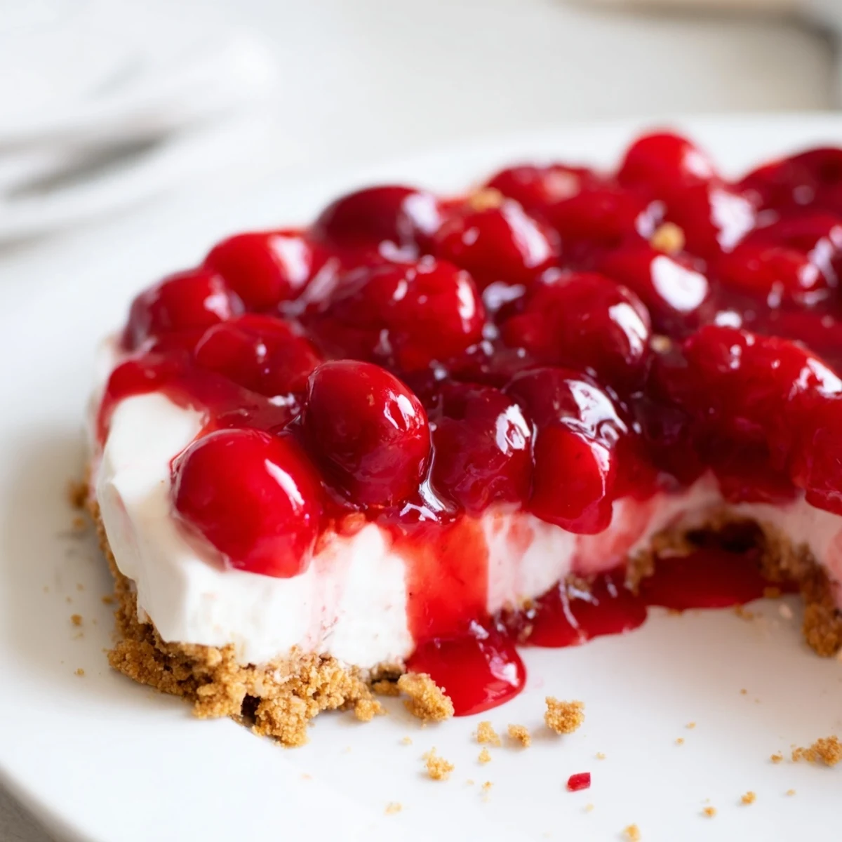 A slice of Classic Cherry Delight dessert with red cherry topping on creamy filling and a graham cracker crust.