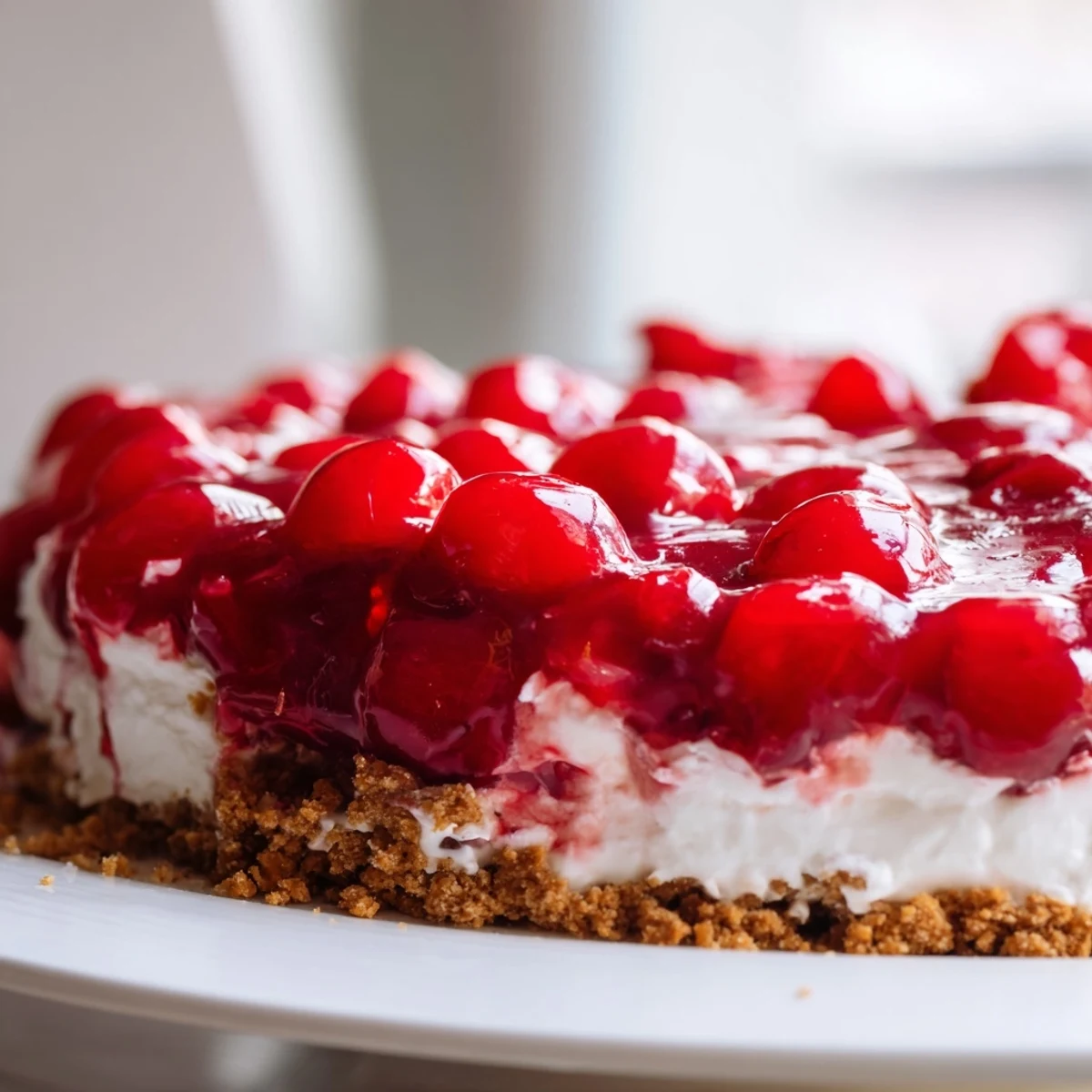 A close-up of Classic Cherry Delight recipe showing glossy cherries and smooth cream cheese layers ready to serve.