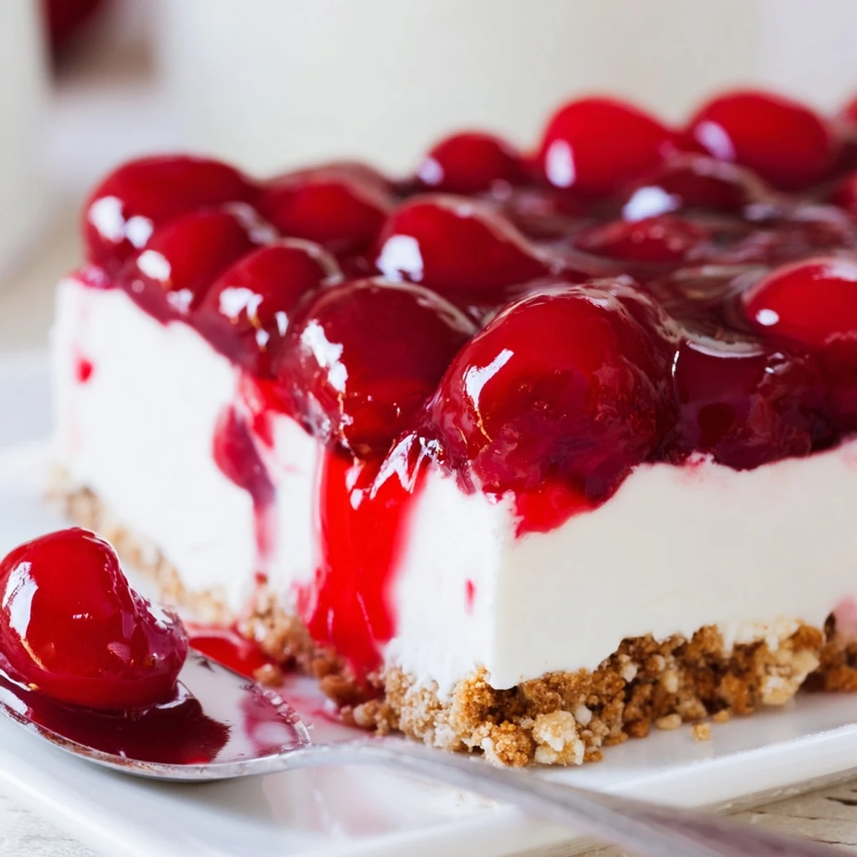 Classic Cherry Delight dessert served chilled in a square dish, perfect for summer potlucks and family gatherings.