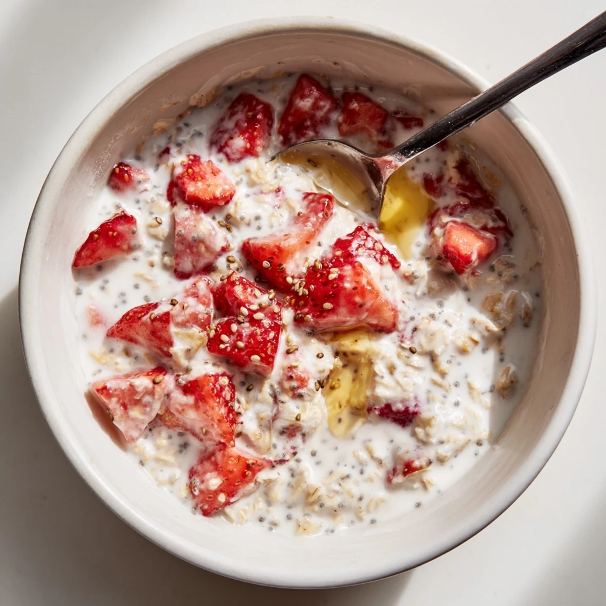 Creamy Strawberry Overnight Oats in a glass jar, layered with diced fresh berries and a honey drizzle, served chilled for breakfast.  