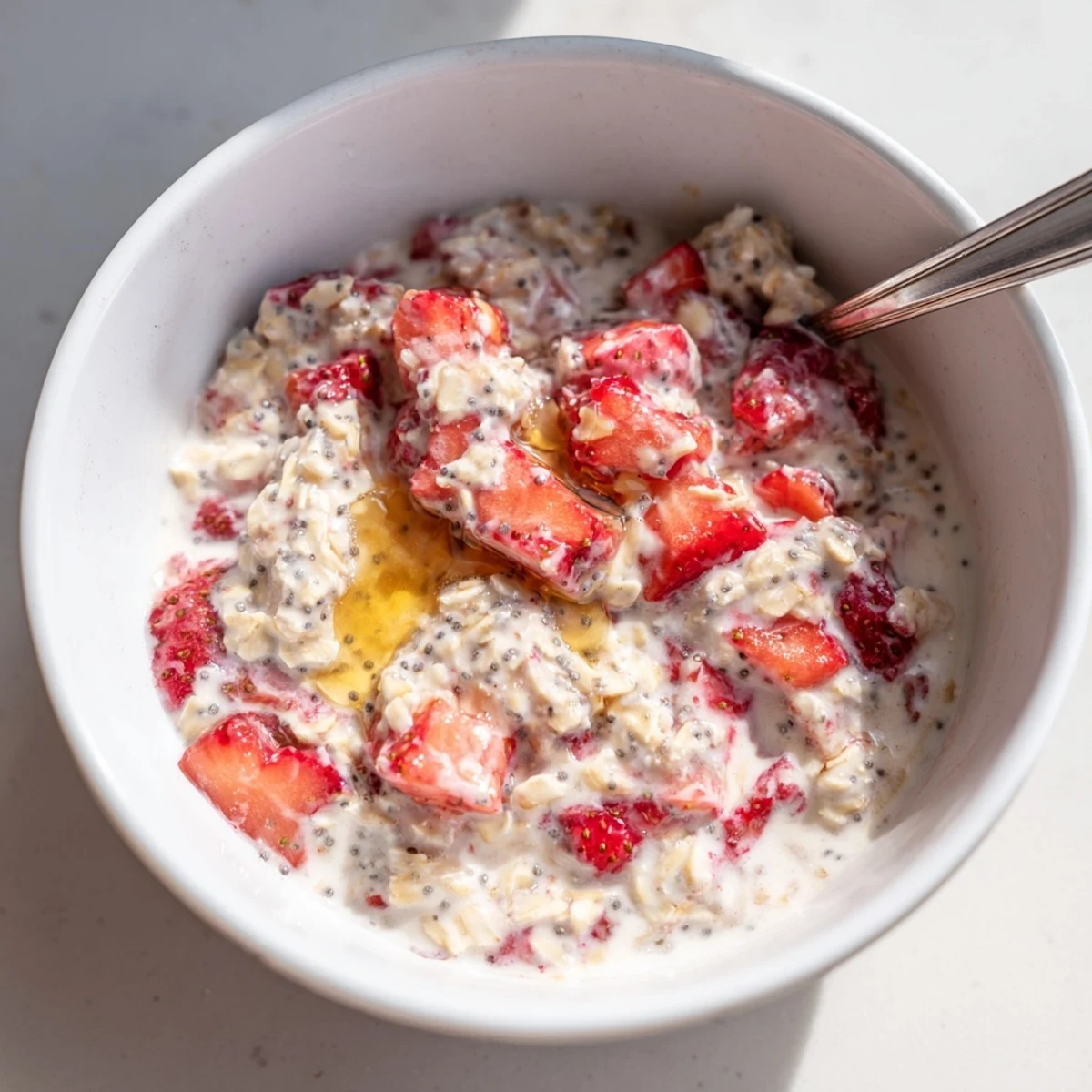 A close-up of vibrant Strawberry Overnight Oats topped with sliced strawberries, chia seeds, and chopped almonds in a ceramic bowl.  