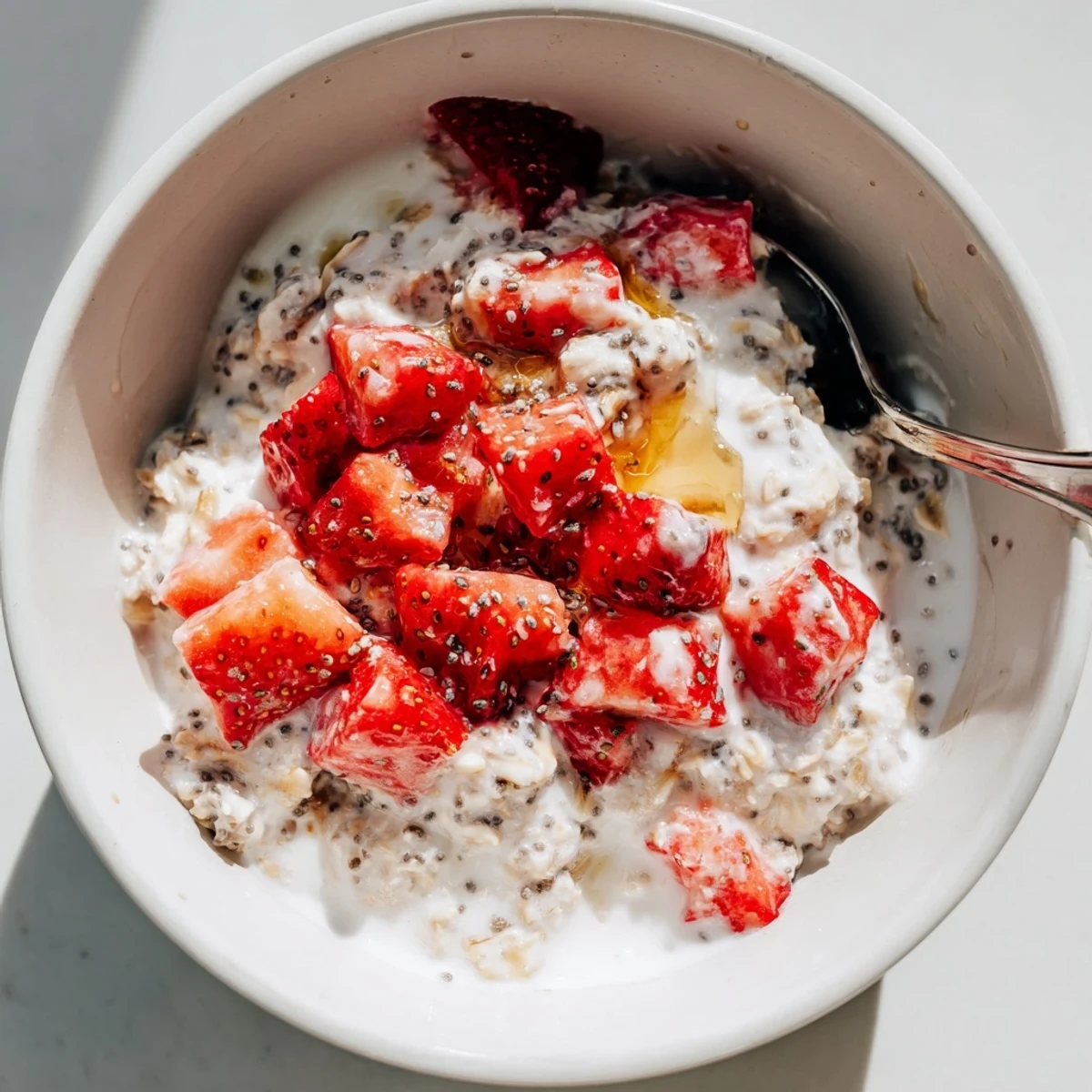 Visualize homemade Strawberry Overnight Oats with Greek yogurt swirls, oats soaked in milk, and fresh strawberries ready to enjoy.