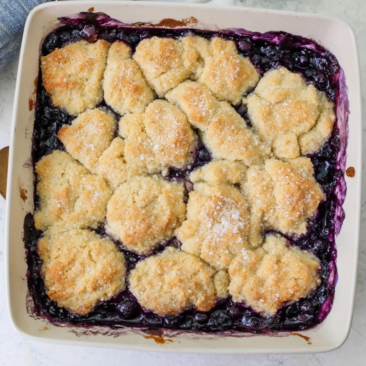 A close-up of the golden, moist biscuit topping on the Moist Blueberry Cobbler With Frozen Berries, revealing juicy bubbling berries.