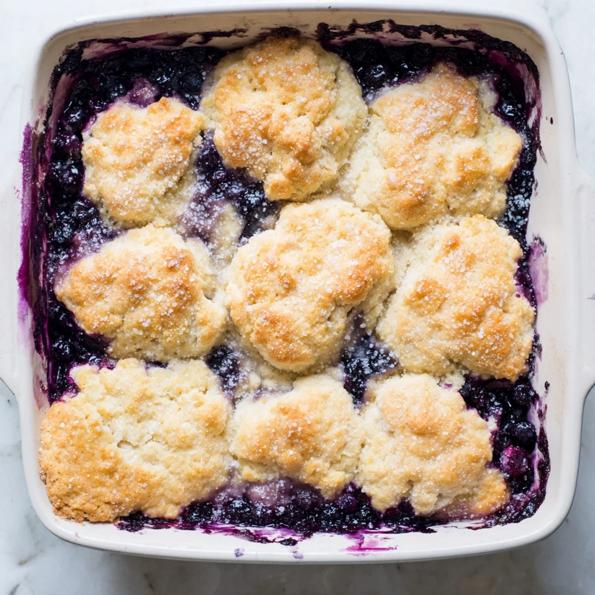 Moist Blueberry Cobbler With Frozen Berries served warm in a rustic dish, alongside a scoop of creamy vanilla ice cream melting on top.