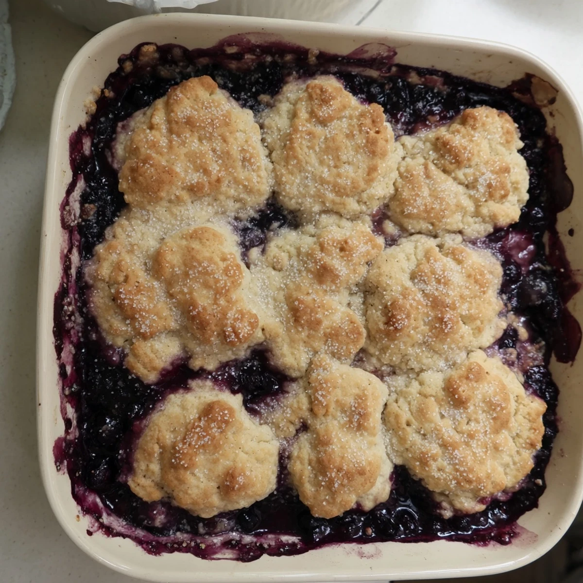 A freshly baked Moist Blueberry Cobbler With Frozen Berries cooling on a wire rack, steam rising from the tender biscuit crust and berry filling.
