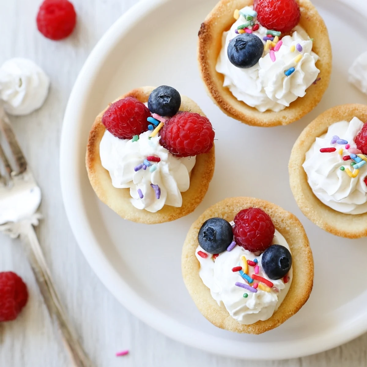 A close-up of Sugar Cookie Cups filled with vanilla cream and decorated with colorful sprinkles for a party treat.