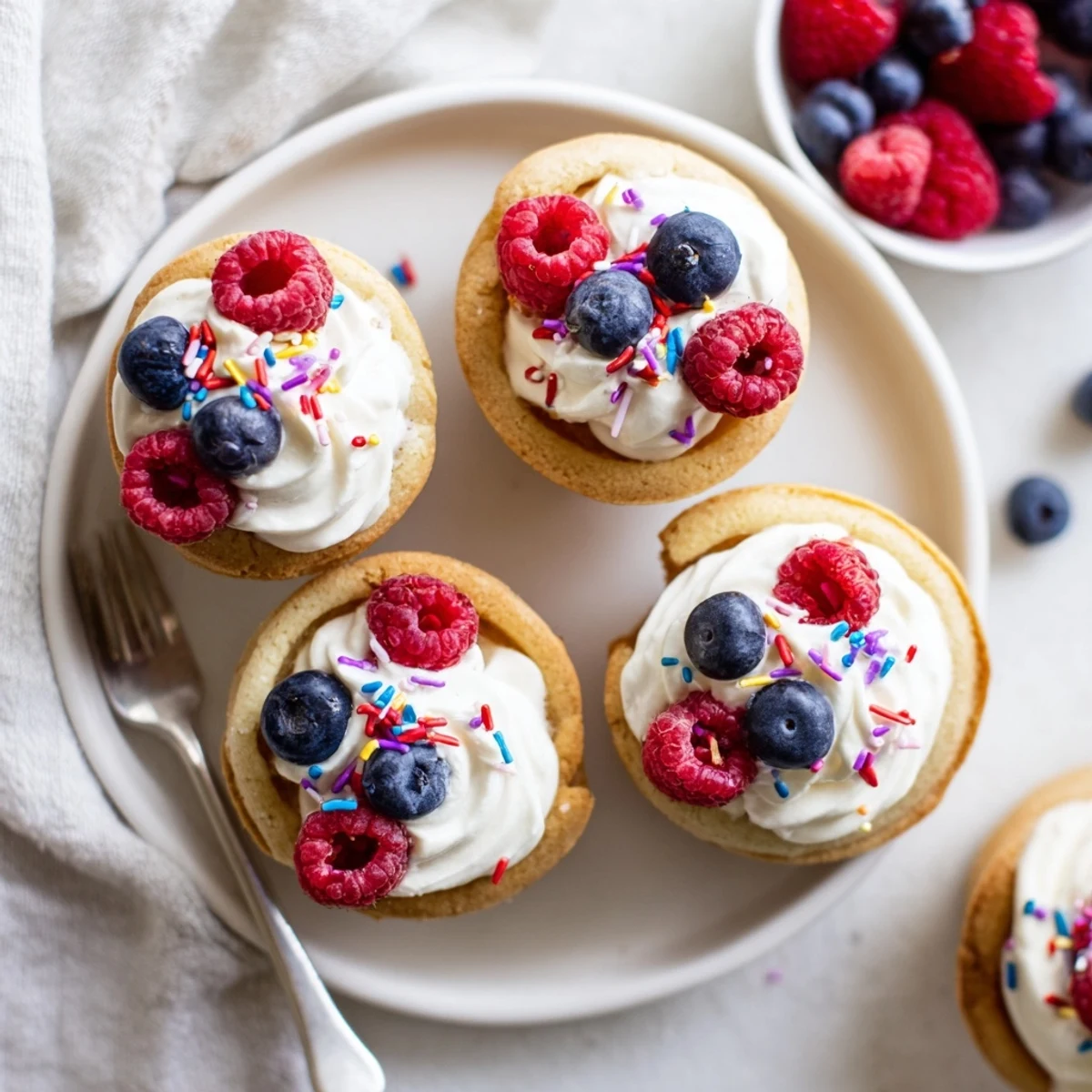 Sugar Cookie Cups dessert bite-sized and topped with vibrant fresh raspberries and a sprinkle of powdered sugar.