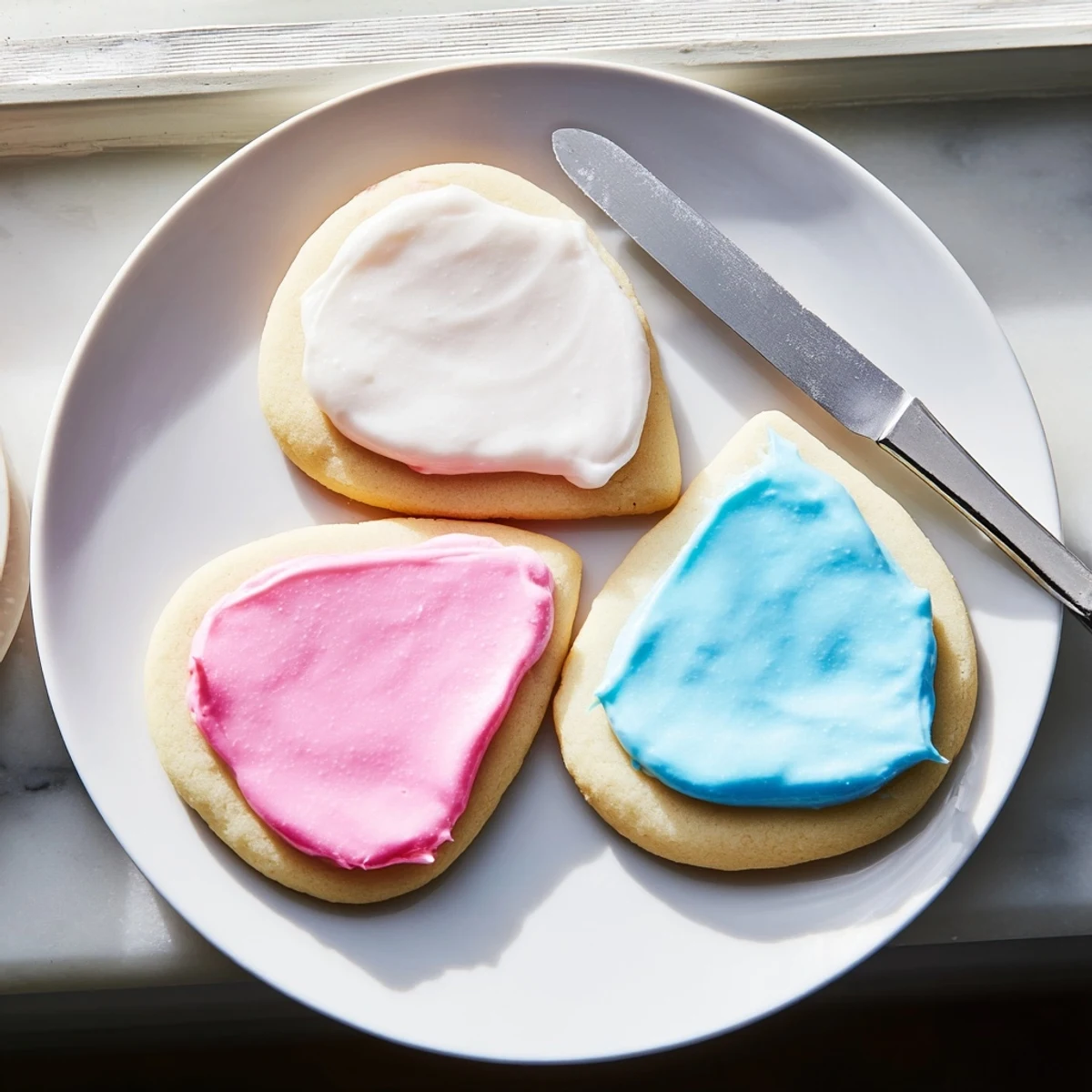 Freshly made Easy Sugar Cookie Frosting shows a creamy white frosting with a soft, glossy finish in a small bowl ready for decorating.