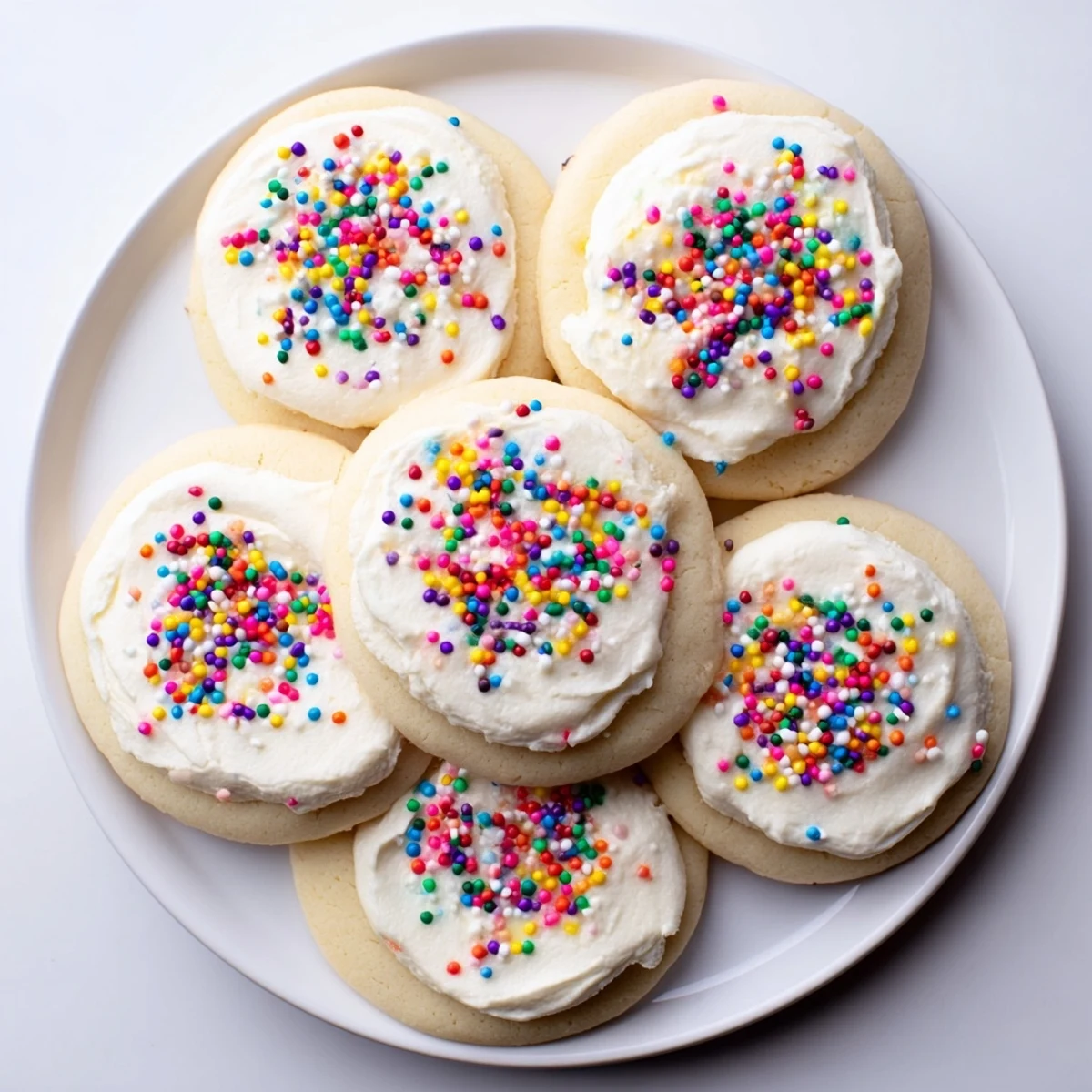 Pillowy Soft Sour Cream Sugar Cookies With Cream Cheese Frosting sit stacked on a cooling rack with glossy white frosting and sparkling sugar.