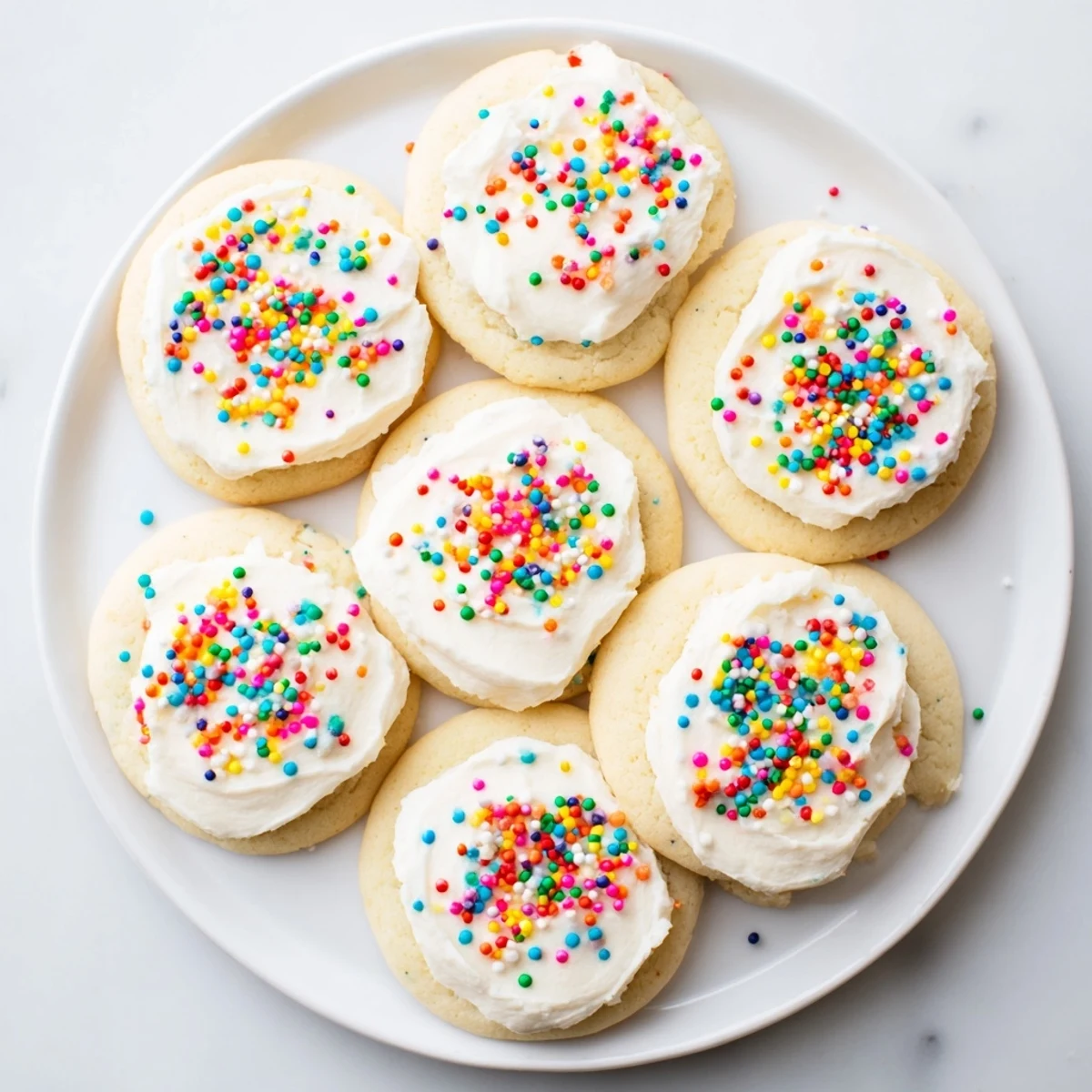 A single Soft Sour Cream Sugar Cookie With Cream Cheese Frosting shows a tender crumb and smooth icing on a marble countertop.