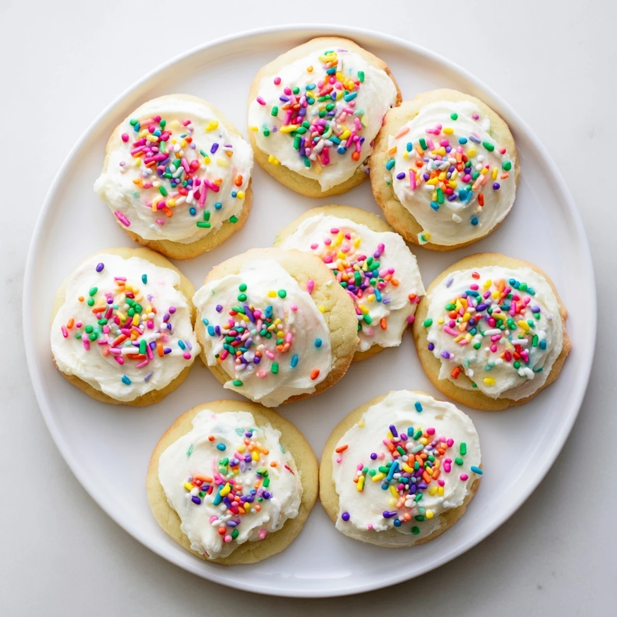 Bright holiday platter with Soft Sour Cream Sugar Cookies With Cream Cheese Frosting, red and green sprinkles, and a glass of milk nearby.
