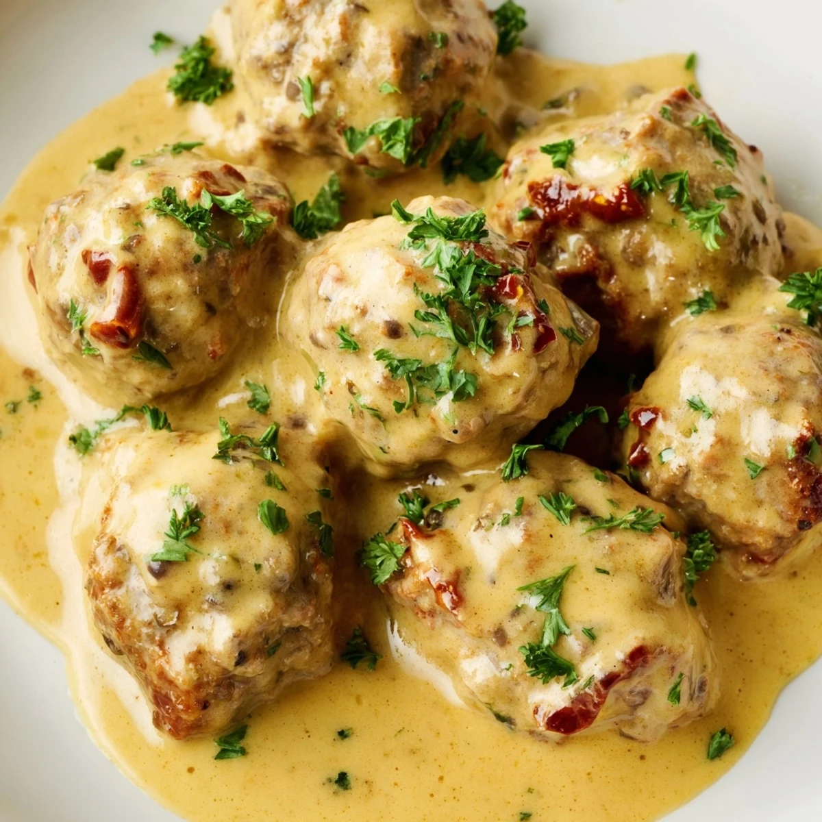 Golden-brown chicken and sun-dried tomato meatballs coated in a creamy mustard sauce, served over fluffy white rice.