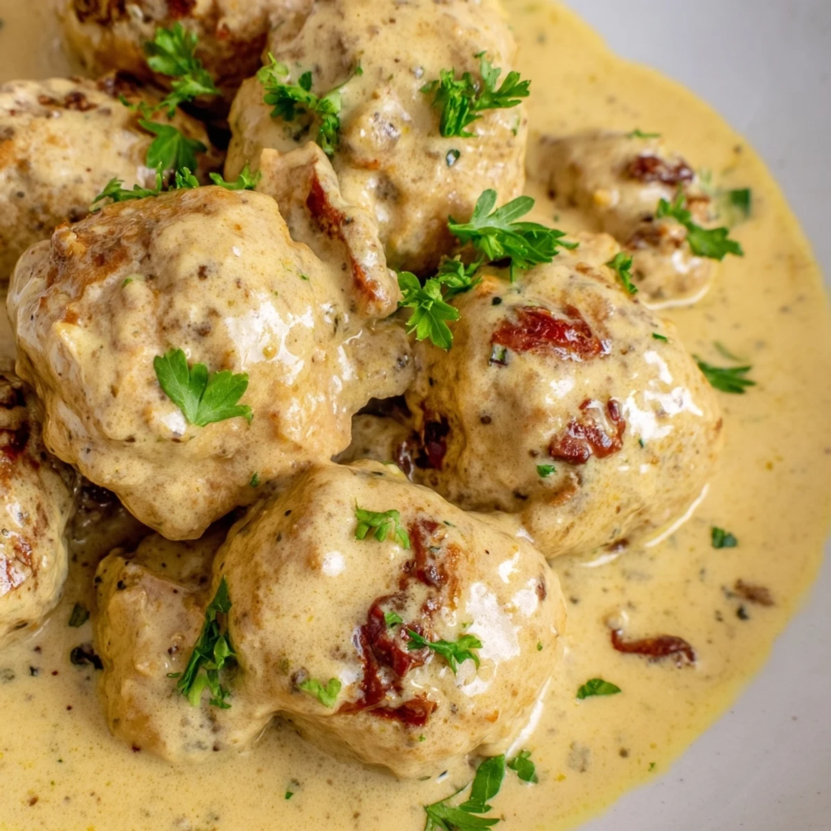 Hearty gluten-free chicken and sun-dried tomato meatballs smothered in a rich, creamy mustard sauce in a skillet.