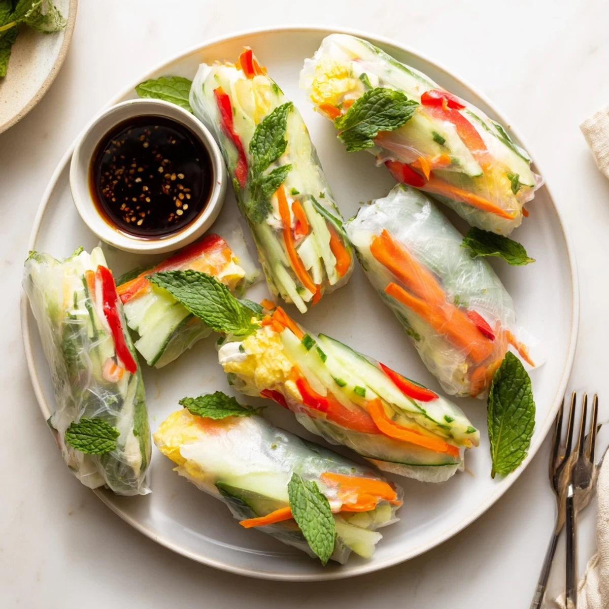 A visually impaired person can imagine the soft, golden omelette inside translucent rice paper wrappers with fresh herbs.