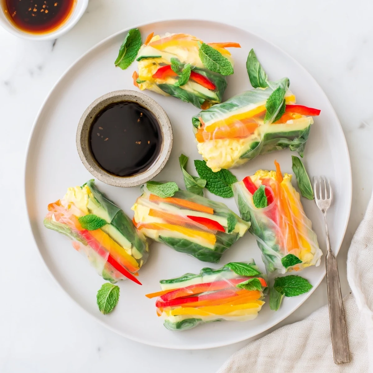 A close-up view of Omelette Spring Rolls on a bamboo mat, with a dipping sauce bowl nearby.