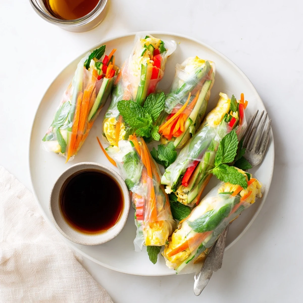 Served as a light lunch, the rolls are garnished with sesame seeds and sliced scallions.