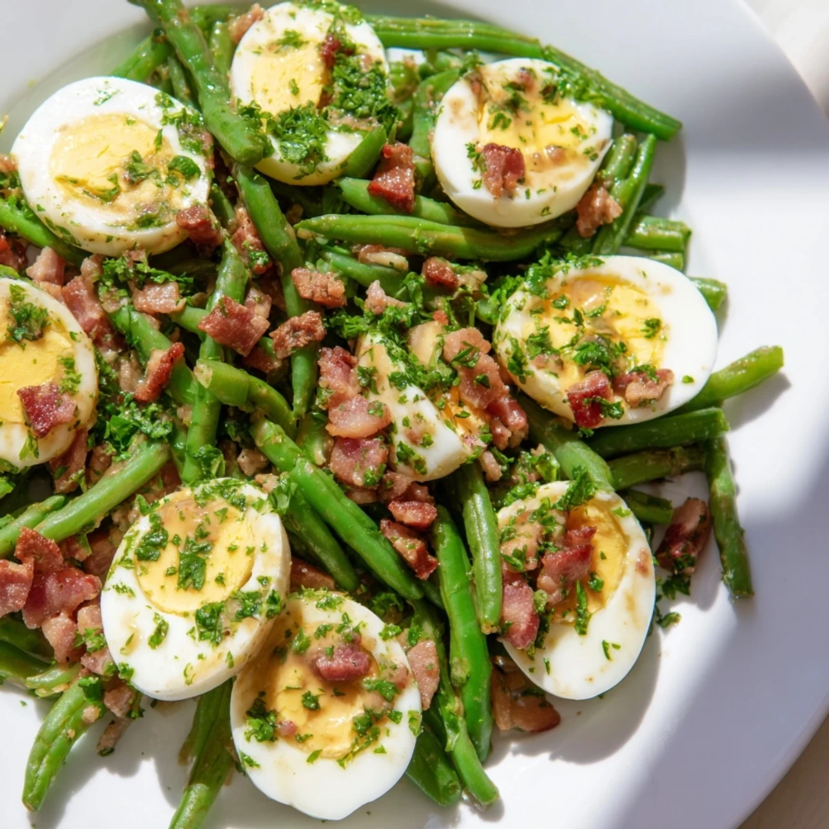 Crisp green beans, smoky bacon, and quartered eggs in a tangy Dijon vinaigrette for a vibrant Green Bean, Bacon, and Egg Salad.