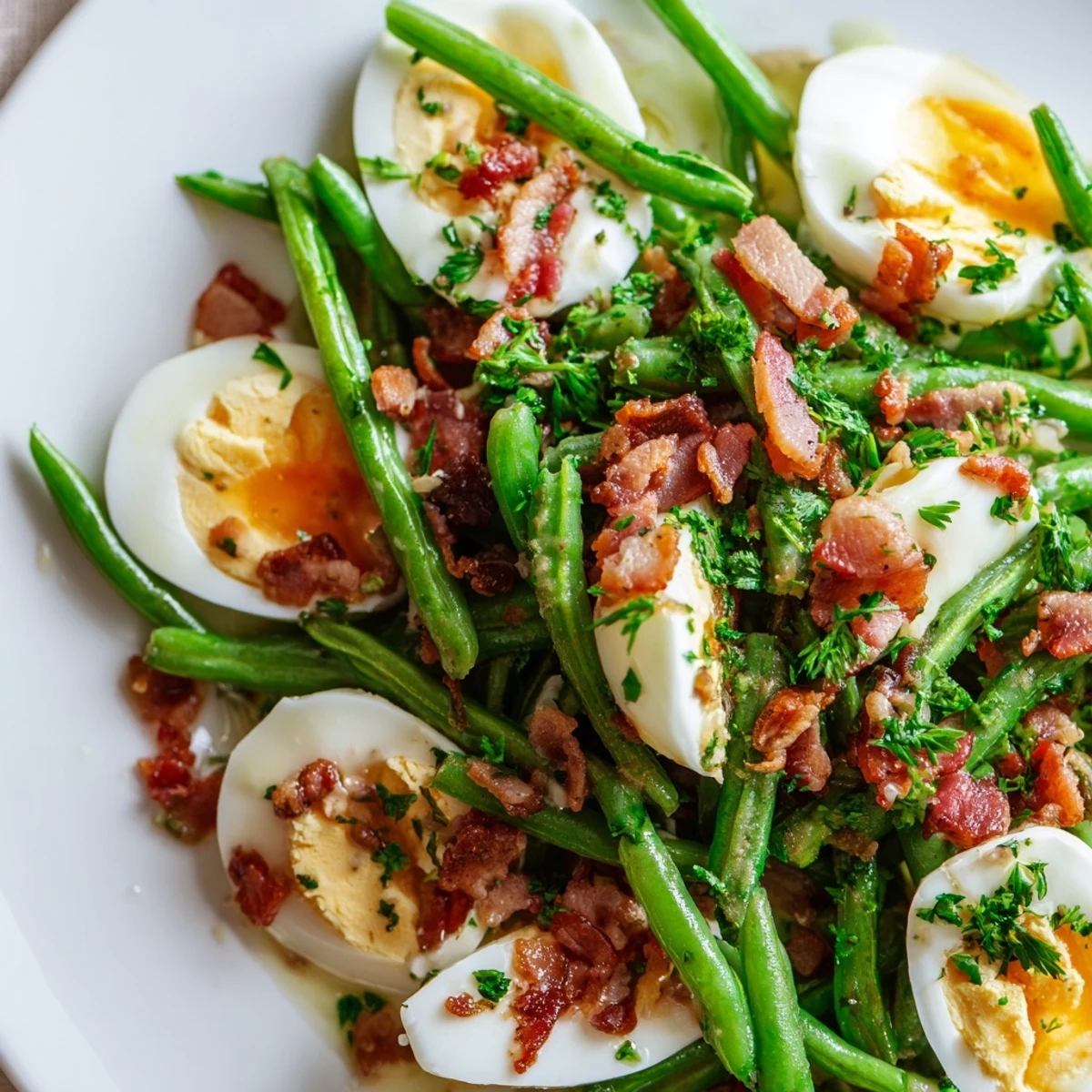 Hearty American salad with fresh green beans, crispy bacon, and creamy eggs tossed in a honey-mustard vinaigrette, perfect for lunch.
