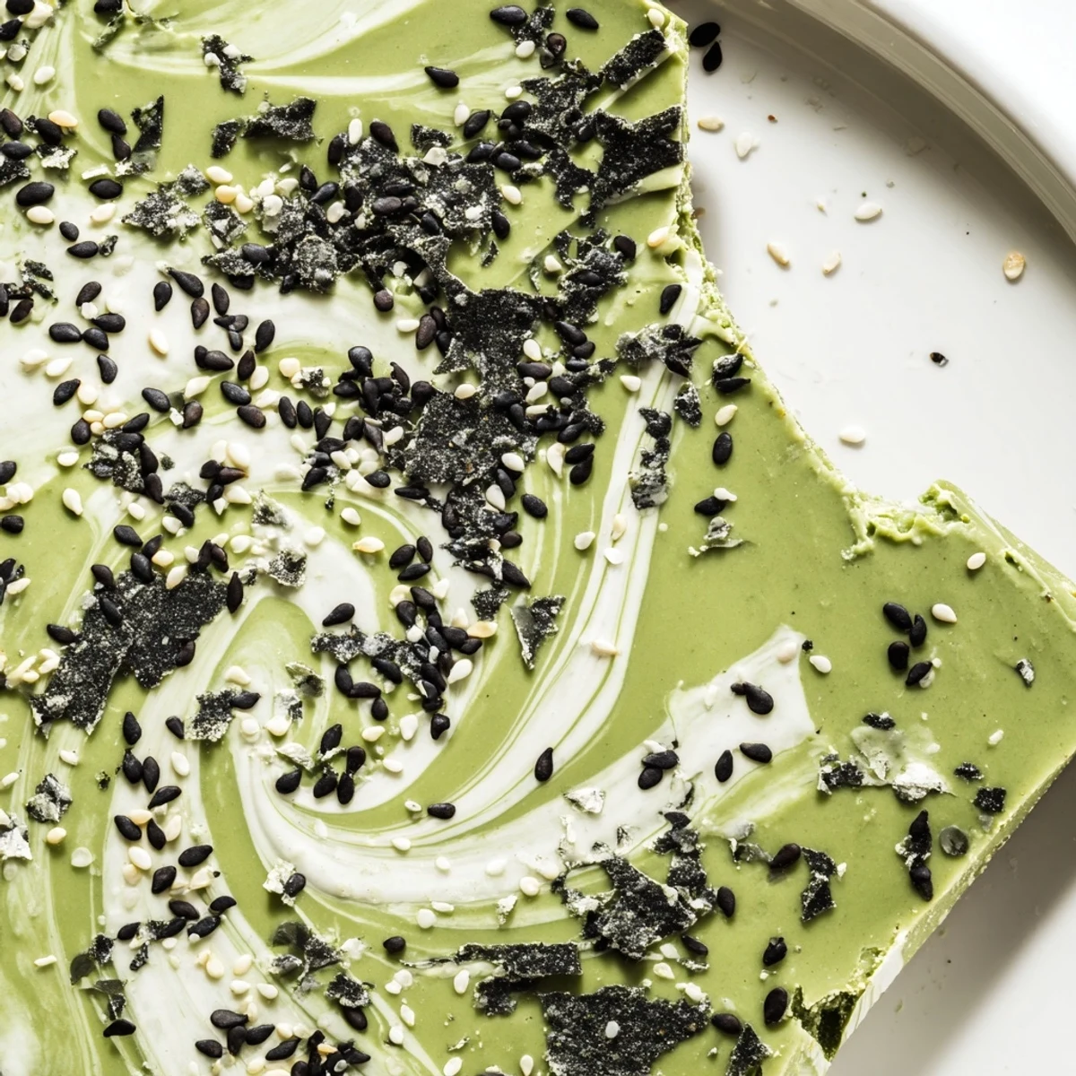 A close-up of a shattered piece of Black Sesame Matcha Bark showing creamy green matcha marbled with white chocolate and scattered black seeds.