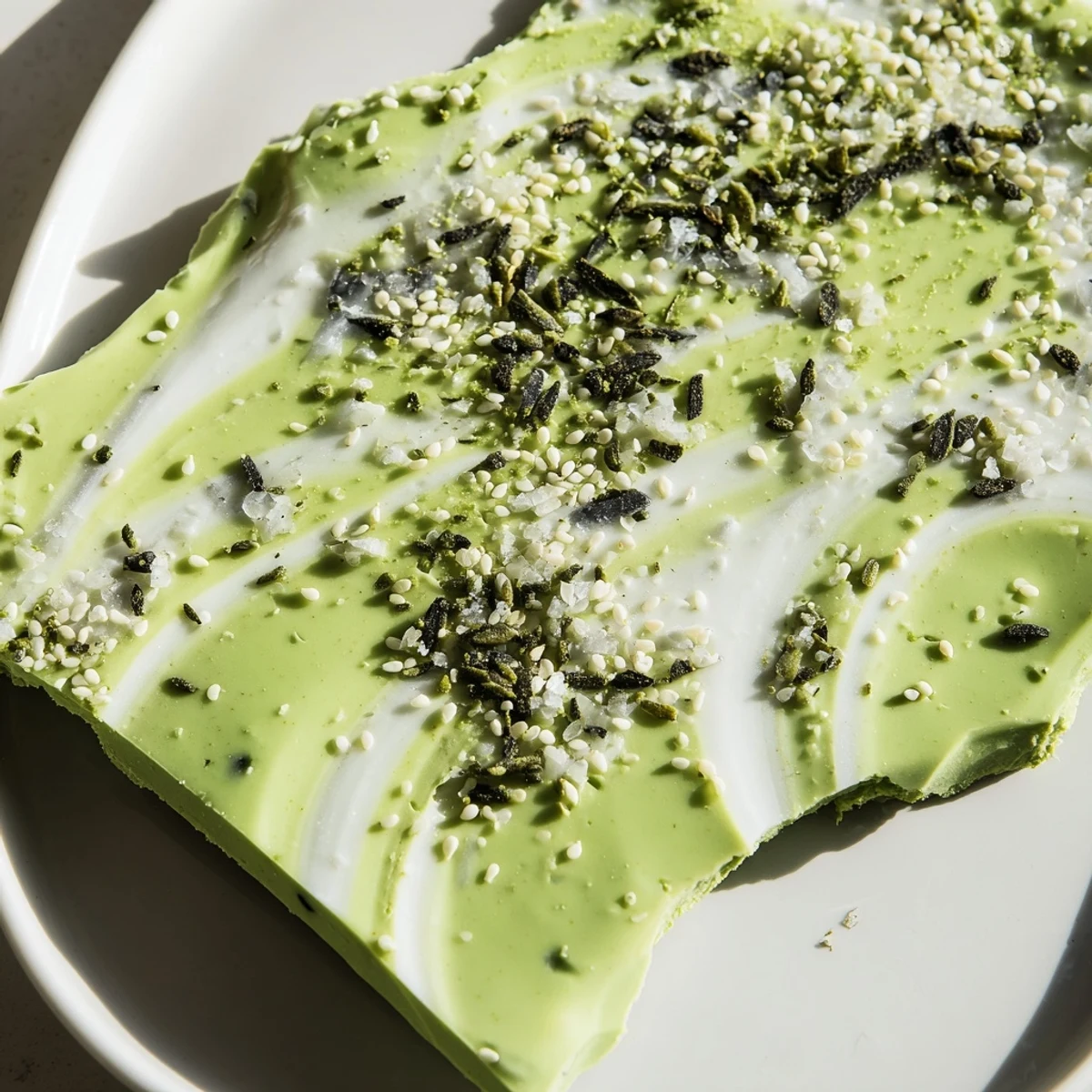 A vivid macro shot of Black Sesame Matcha Bark highlighting the rustic texture, toasted sesame seeds, and a hint of flaky sea salt.