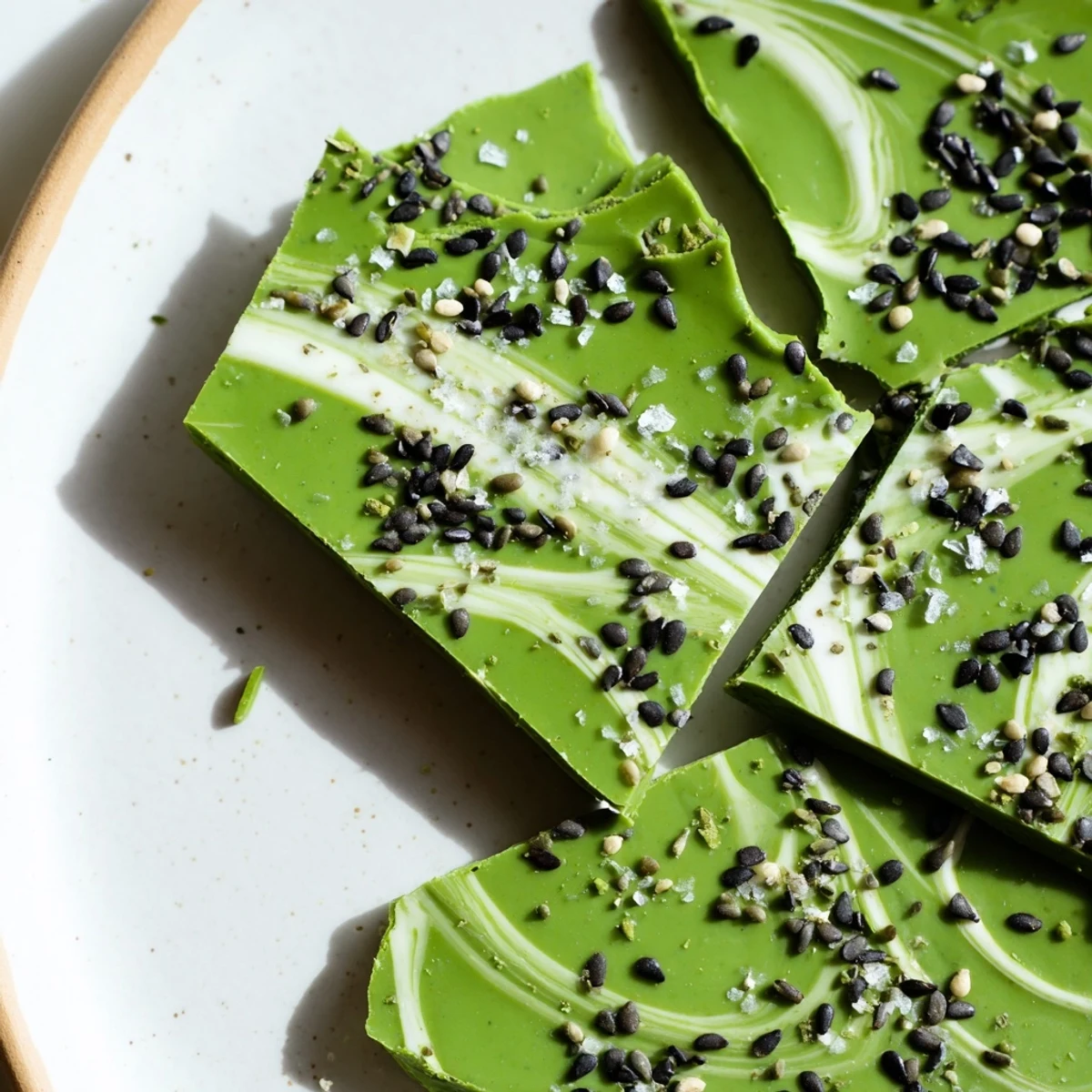 In a top-down view, rectangular pieces of Black Sesame Matcha Bark are arranged on a plate beside a steaming cup of green tea.