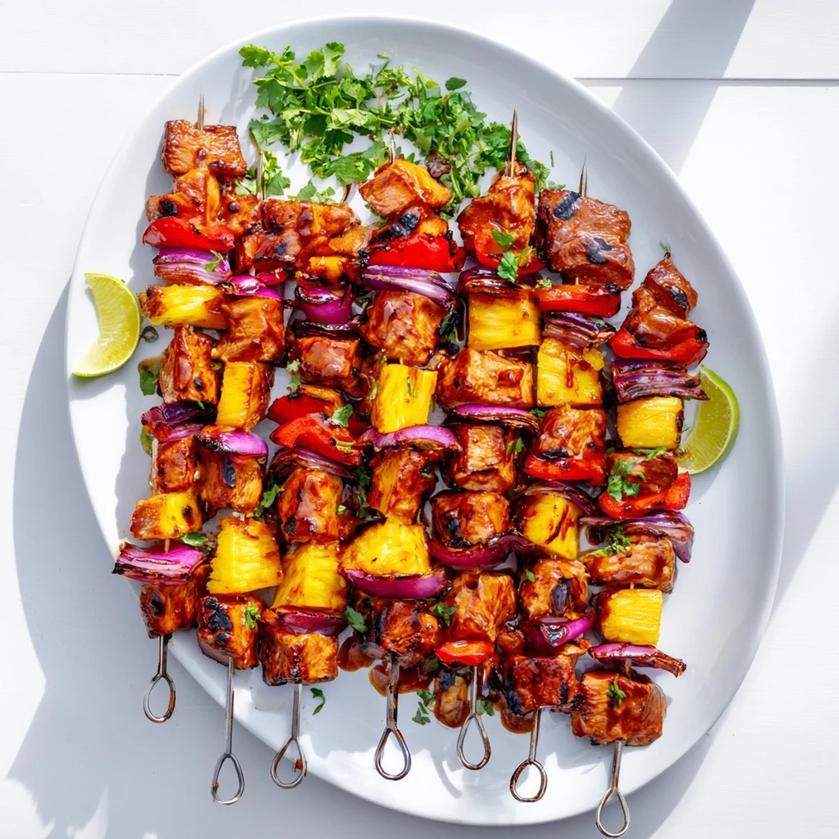 Golden-brown Chicken and Pineapple BBQ Skewers sizzle on the grill, featuring juicy chicken and sweet pineapple chunks coated in sticky barbecue glaze.