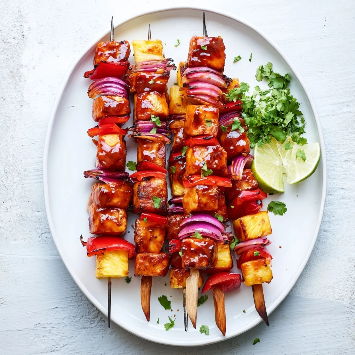 Savory Chicken and Pineapple BBQ Skewers are served on a platter with lime wedges and fresh cilantro, perfect for a summer cookout.